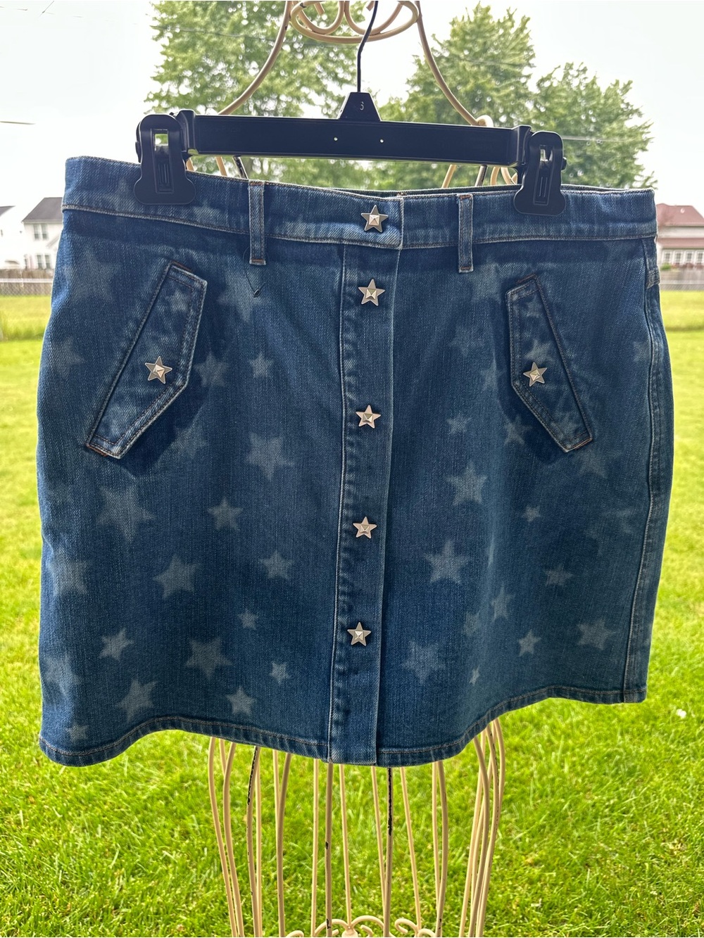Valentino Blue Star-Print Denim Button-Front Mini Skirt